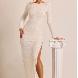 Oh Polly Cream Textured Long Sleeve Dress